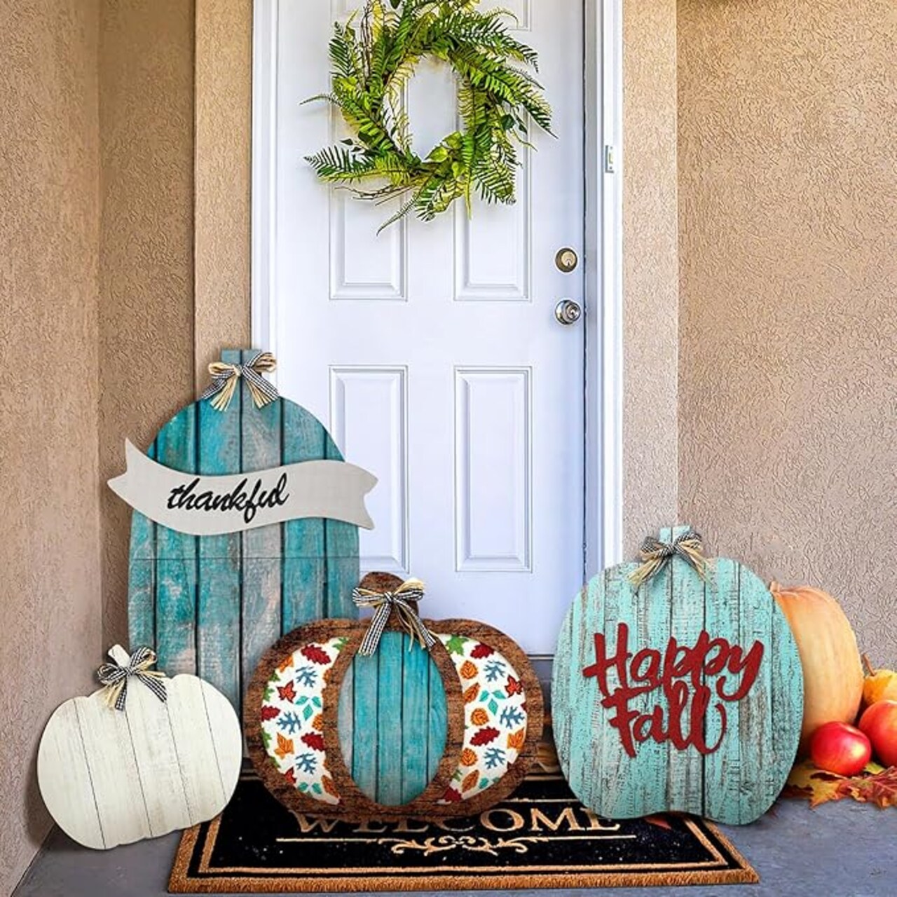 Set of 4 Fall Decorations for Home Outdoor Wood Porch Stands Pumpkin Decor Thanksgiving decorations Welcome Home Sign with Happy Fall Lettering for Front Door, Garden, and Patio (Classic Style)